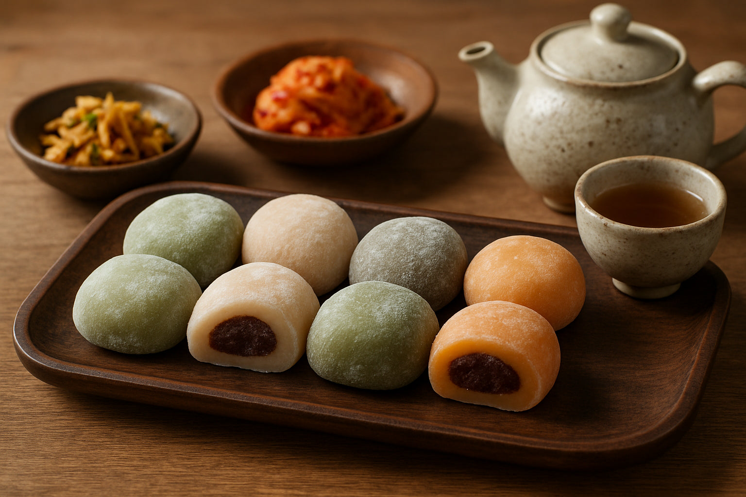 Verschiedene koreanische Mochi auf Holztablett mit Beilagen und Tee in einer natürlichen Küchenszene