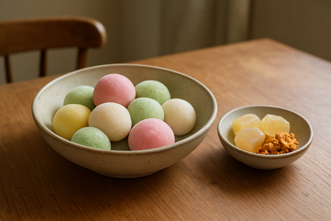 Koreanische Snacks wie Mochis, Haichu Bonbons und Dalgona Crunch in einer einladenden Küchenszene