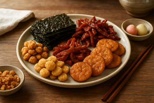 Asiatische Snackplatte mit koreanischen Snacks auf Holztisch in natürlicher Küchenumgebung