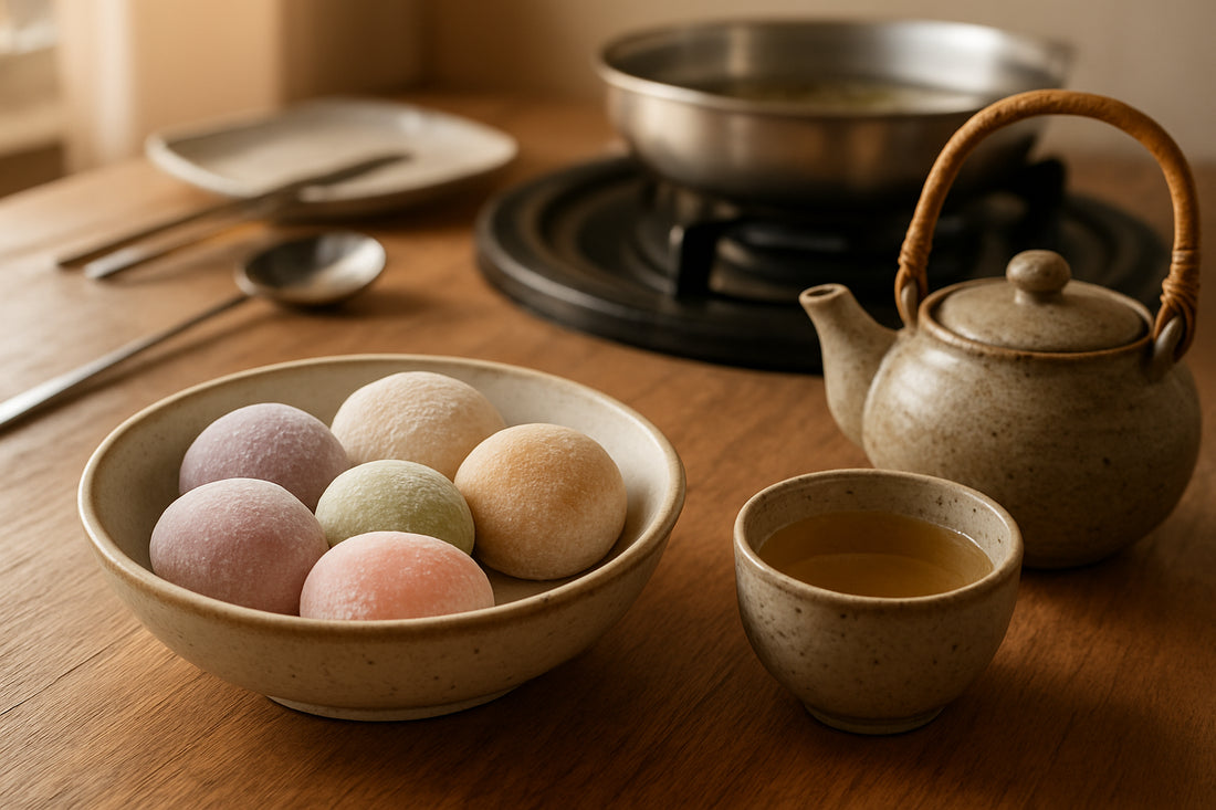 Verschiedene Mochi-Sorten auf einem Teller mit einer Teekanne und koreanischem Grill-Setup im Hintergrund in einer gemütlichen Küchenszene.