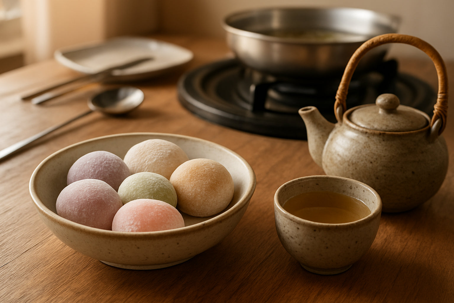 Verschiedene Mochi-Sorten auf einem Teller mit einer Teekanne und koreanischem Grill-Setup im Hintergrund in einer gemütlichen Küchenszene.