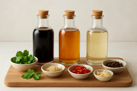 Verschiedene asiatische Essige in Glasflaschen mit frischen Kräutern und Gewürzen auf Holzbrett