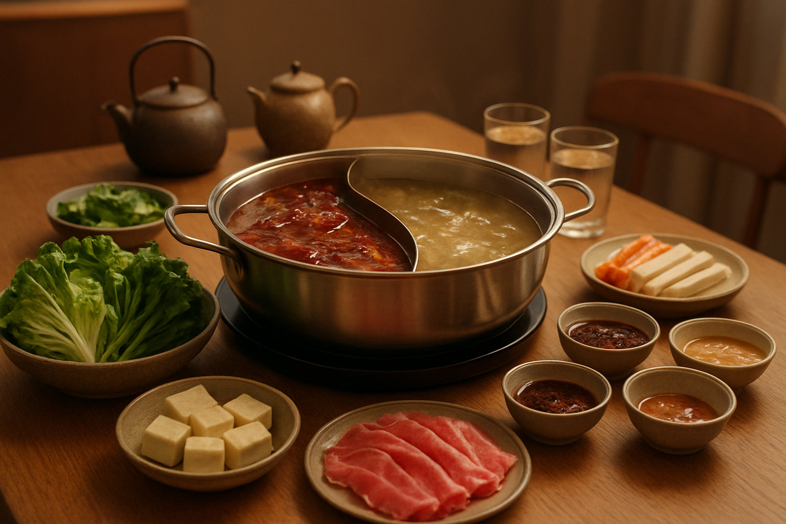 Ein einladender Hot Pot Esstisch mit frischen Zutaten und passenden Getränken in einer gemütlichen Küchenszene.