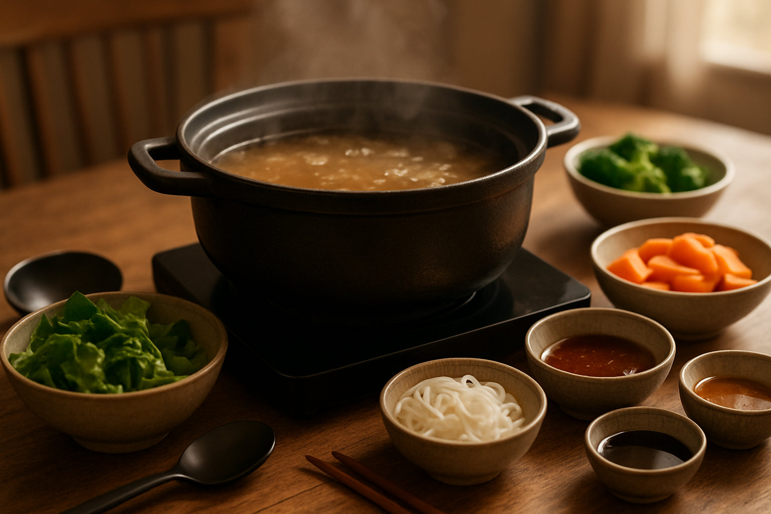 Gemütliche Küchenszene mit einem Hot Pot und frischen Zutaten auf dem Tisch, bereit für ein gemeinsames asiatisches Essen ohne sichtbare...