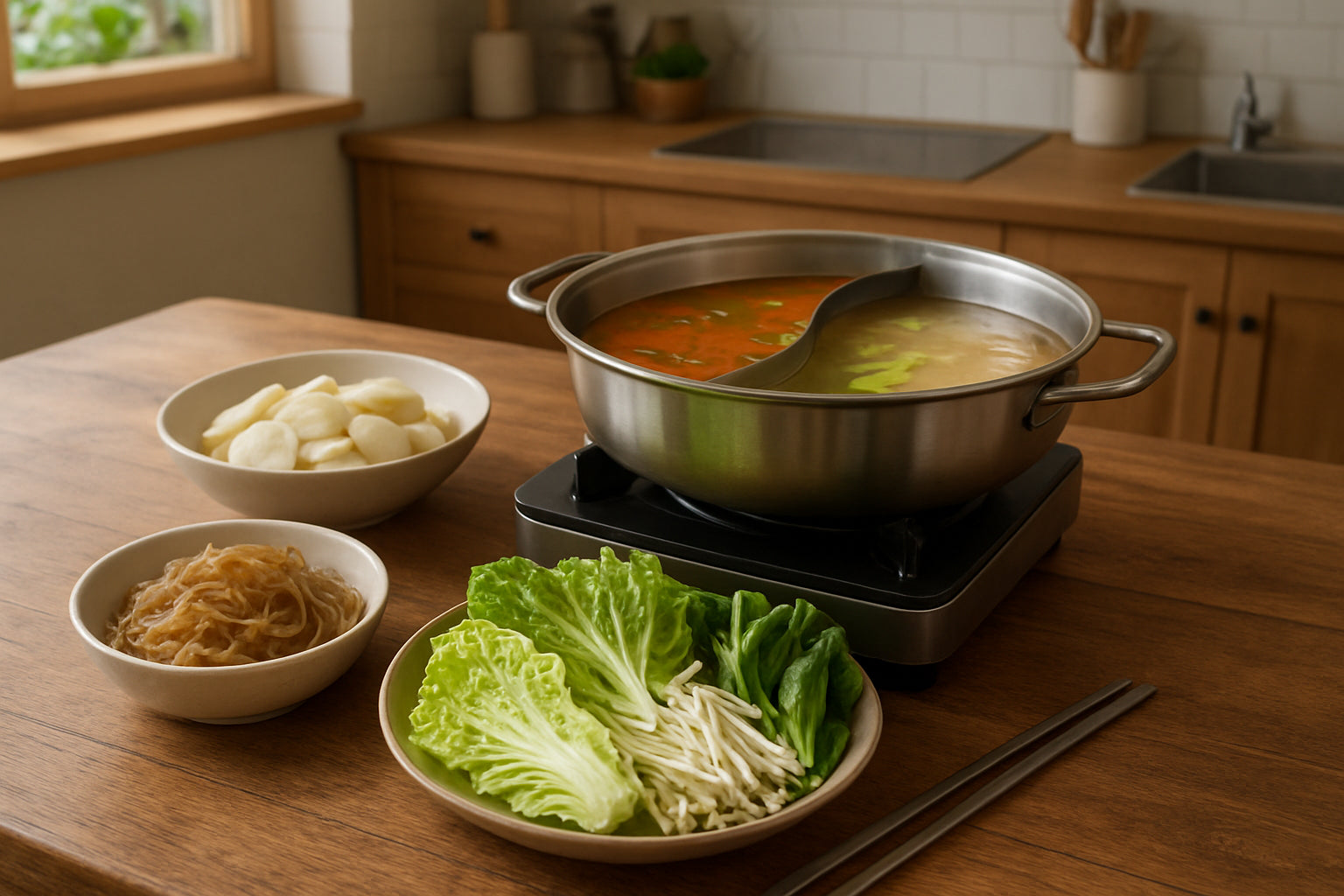 Hot Pot Tisch mit koreanischen Reiskuchen, Süßkartoffelnudeln und frischem Gemüse in einer heimischen Küche