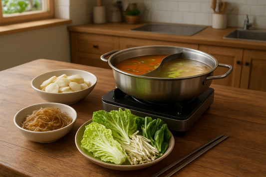 Hot Pot Tisch mit koreanischen Reiskuchen, Süßkartoffelnudeln und frischem Gemüse in einer heimischen Küche