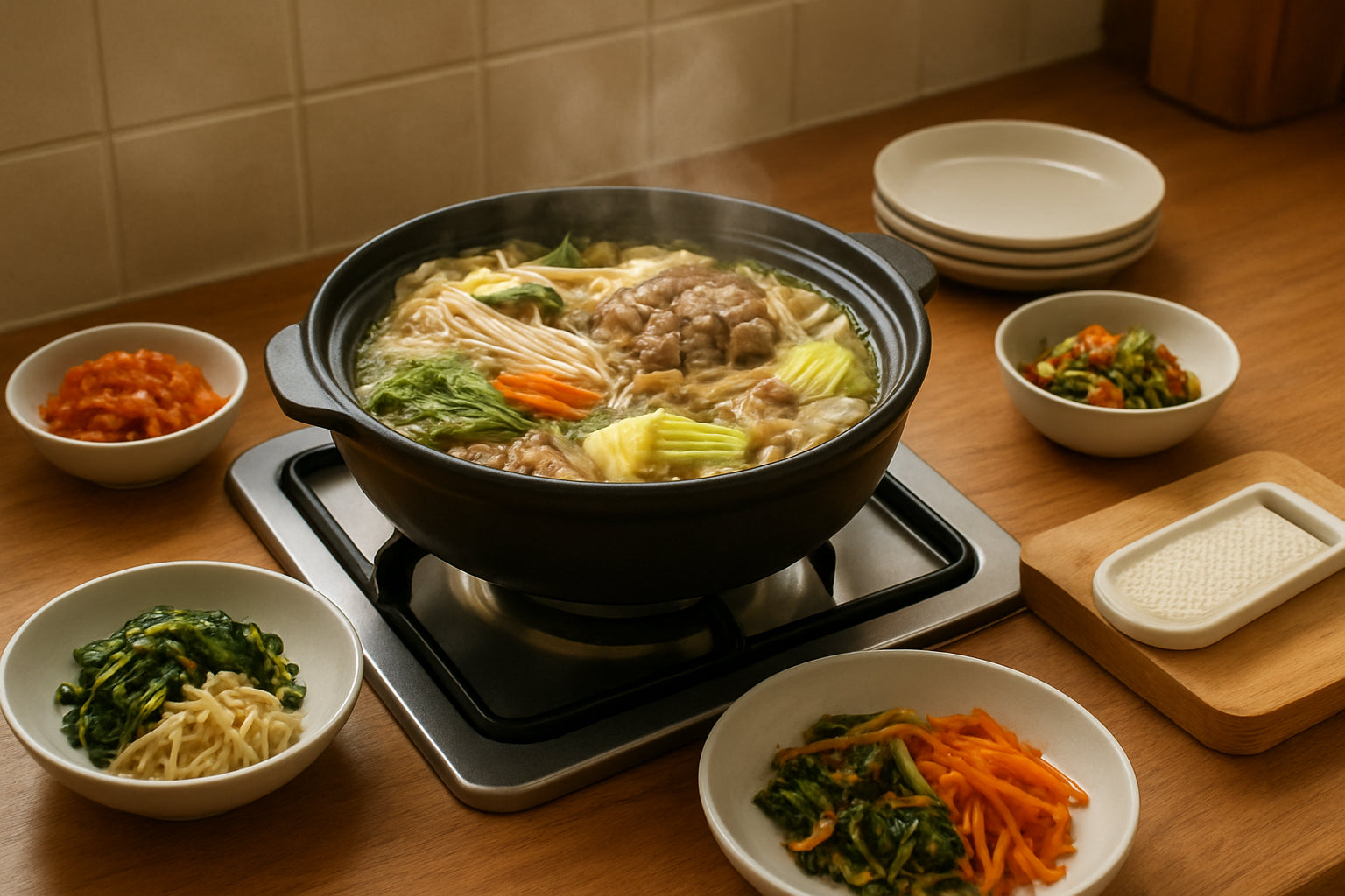 Hot Pot Tischszene mit Porzellantellern, Schalen und Rettichreibe in einer gemütlichen Küche