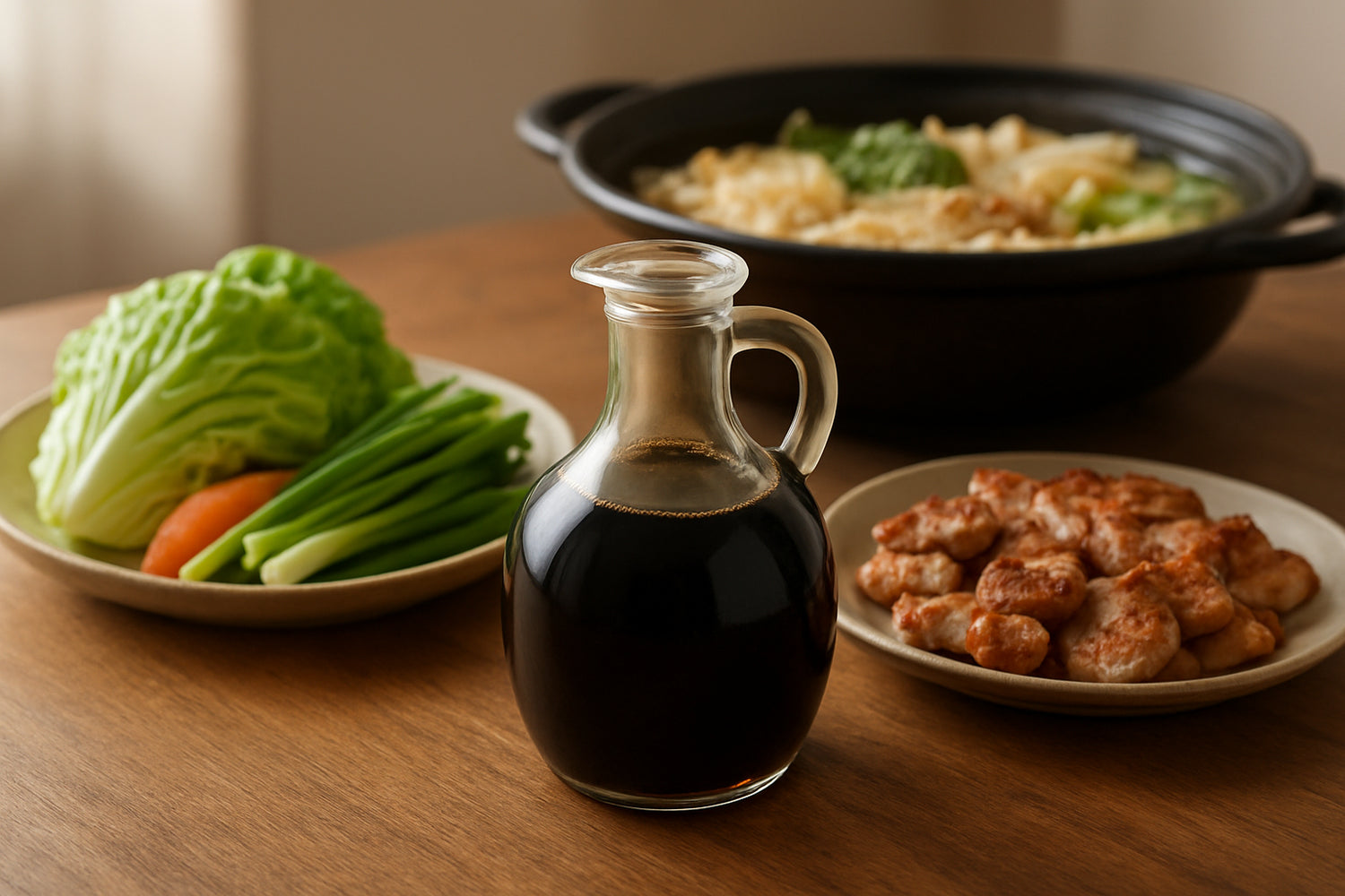 Koreanische fermentierte Sojasauce in Kanne mit gegrilltem Fleisch, frischem Gemüse und Hot Pot in natürlicher Küchenszene