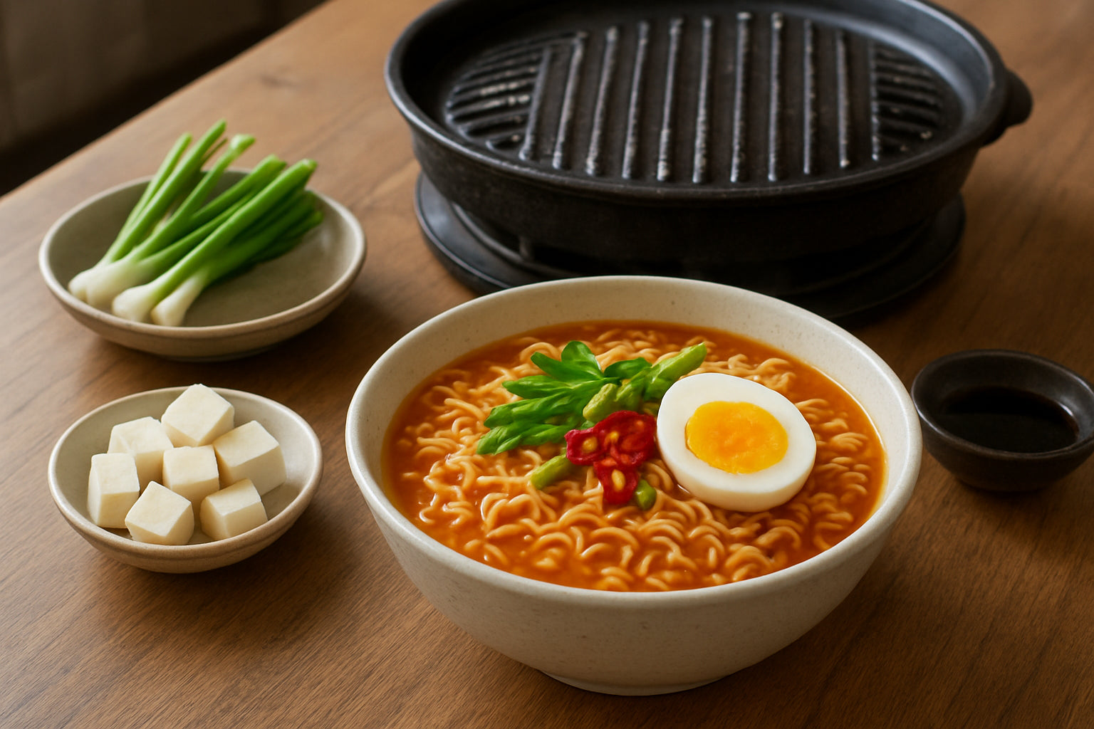 Koreanische Instant-Nudeln mit frischen Zutaten in einer einladenden Küchenszene, daneben Grillutensilien