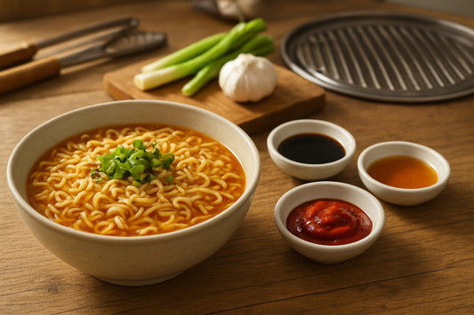 Koreanische Instantnudeln als Snack mit koreanischen Würzmitteln und Grillutensilien auf einem Holztisch in einer natürlichen Küchenszene