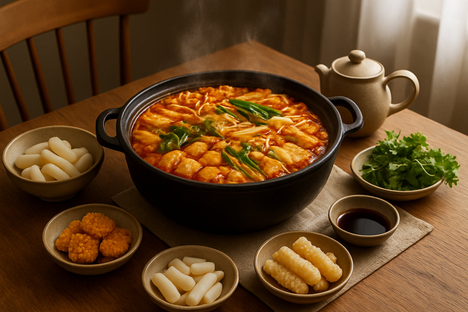 Koreanischer Hot Pot mit Tteok und Snacks in einer gemütlichen Küchenszene