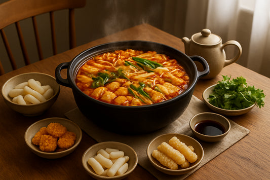 Koreanischer Hot Pot mit Tteok und Snacks in einer gemütlichen Küchenszene