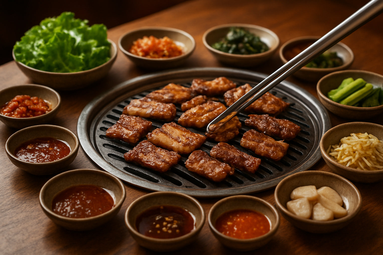 Koreanischer BBQ-Tisch mit verschiedenen Grillsoßen, frischem Gemüse und Fleisch in einer gemütlichen Atmosphäre