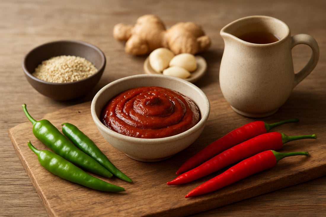 Koreanische Chilipaste Gochujang mit frischen Zutaten und Sesamöl in einer natürlichen Küchenszene