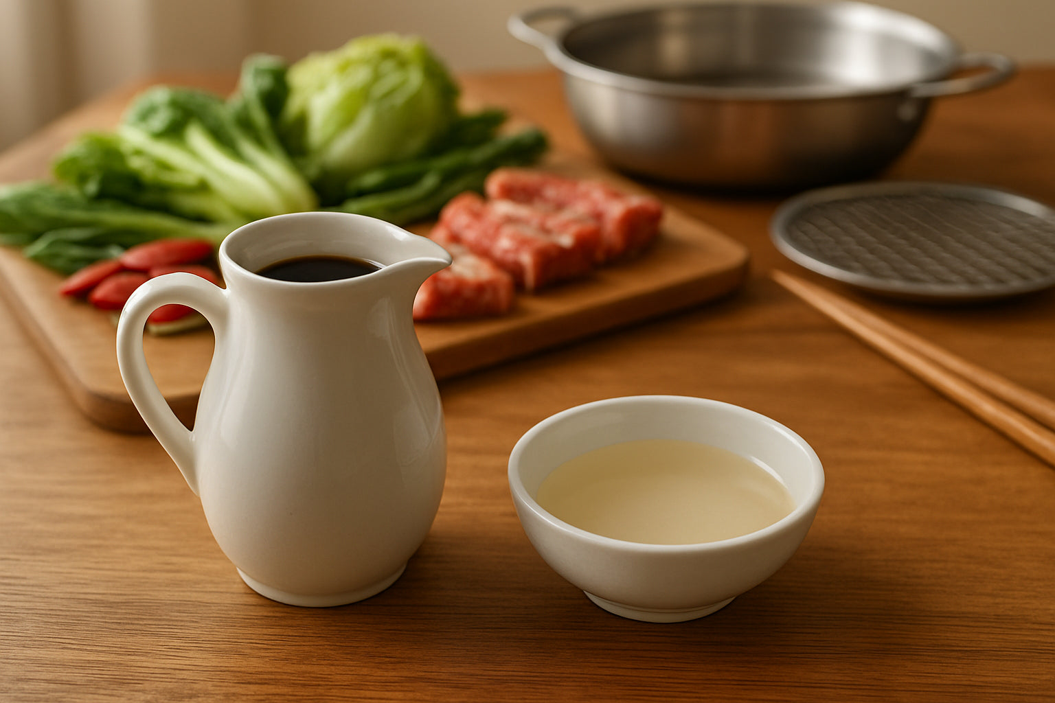Koreanische Essigsorten in Keramikgefäßen mit Grill- und Hot Pot-Zutaten auf Holzbrett
