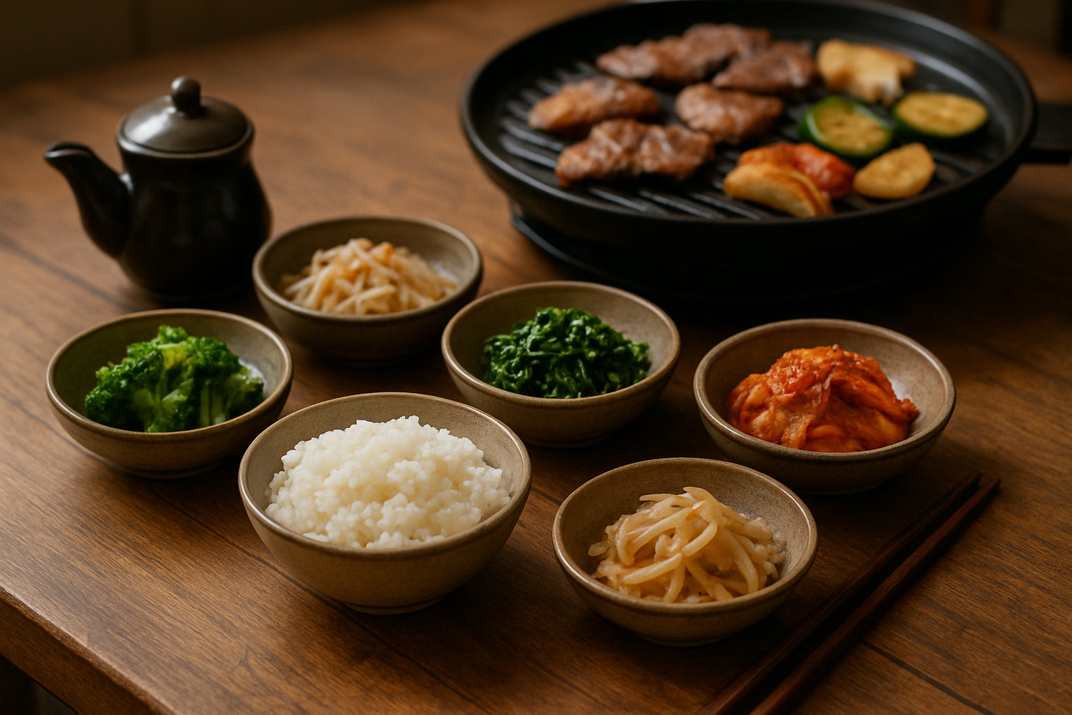 Koreanischer Esstisch mit Banchan, Reis, Sojasauce und Grill im Hintergrund in natürlicher Küchenszene