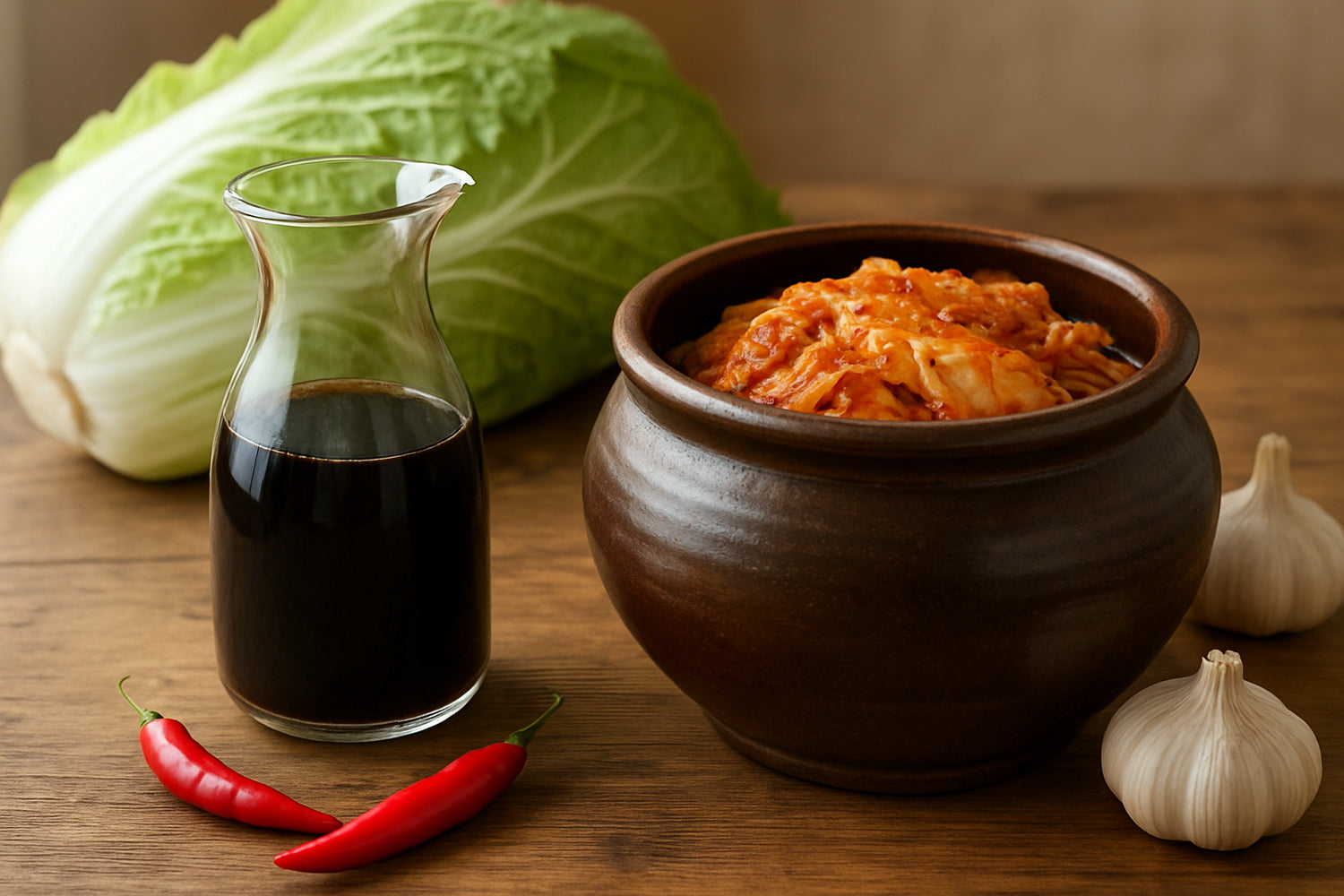Koreanische Fermentationszutaten mit Sojasauce und Kimchi in einer natürlichen Küchenszene