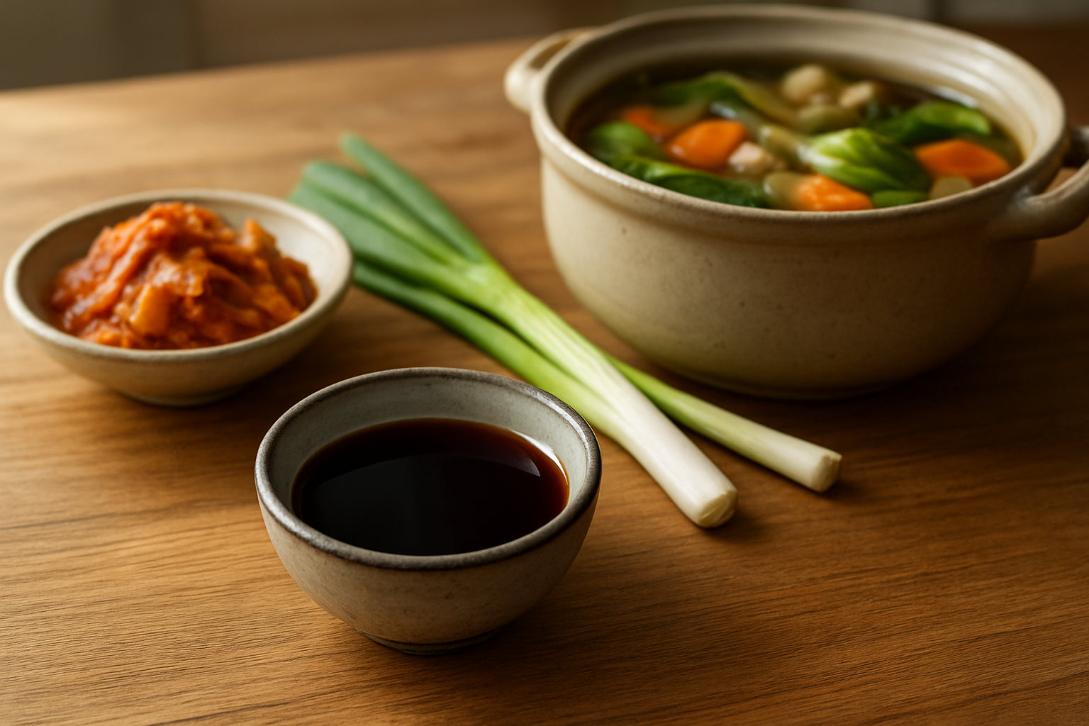 Koreanische Fischsauce in einem Keramikgefäß mit frischen koreanischen Zutaten auf Holzarbeitsplatte in einer asiatischen Küche