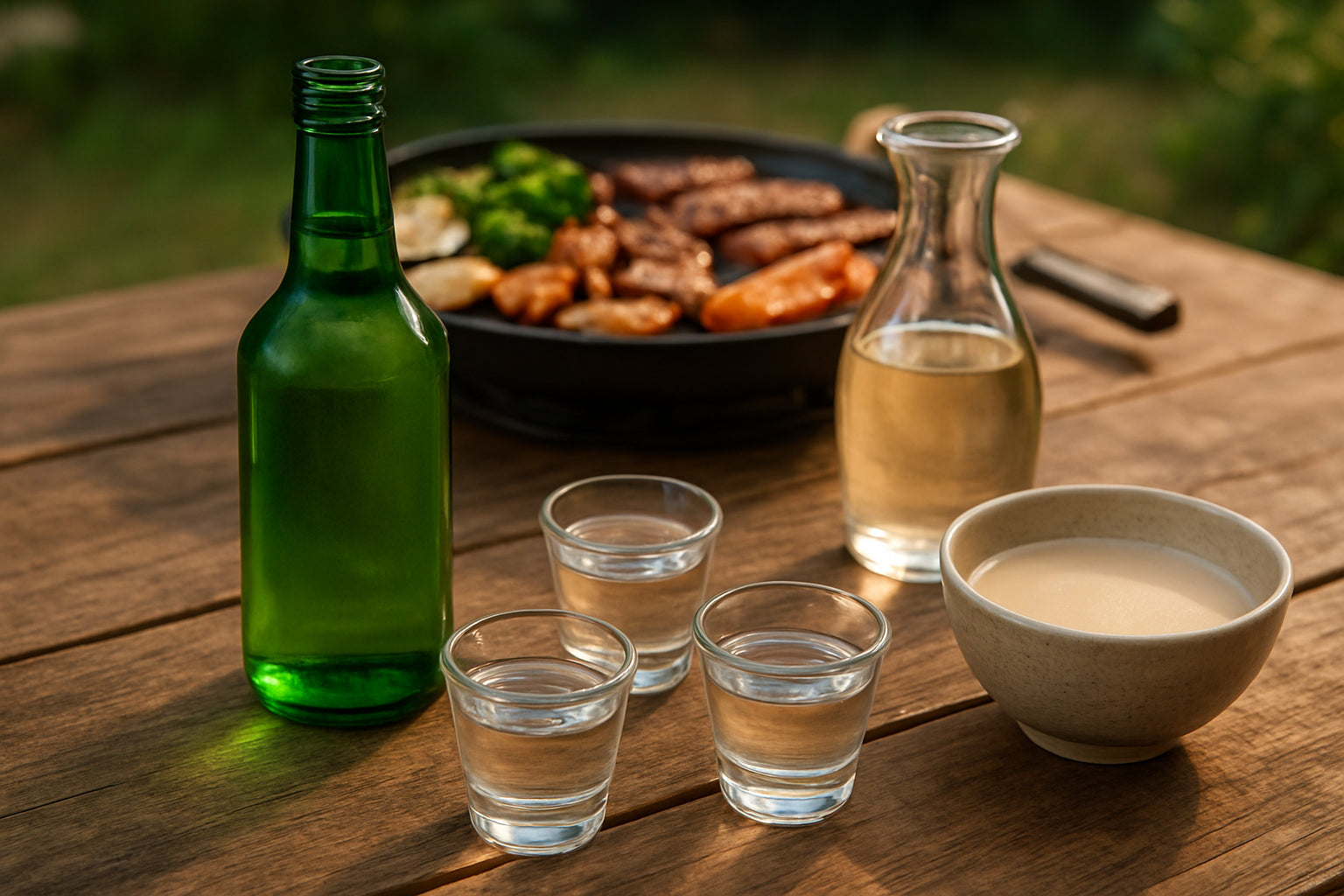 Koreanische Getränke wie Soju und Makgeolli auf einem Holztisch beim Grillabend im Freien