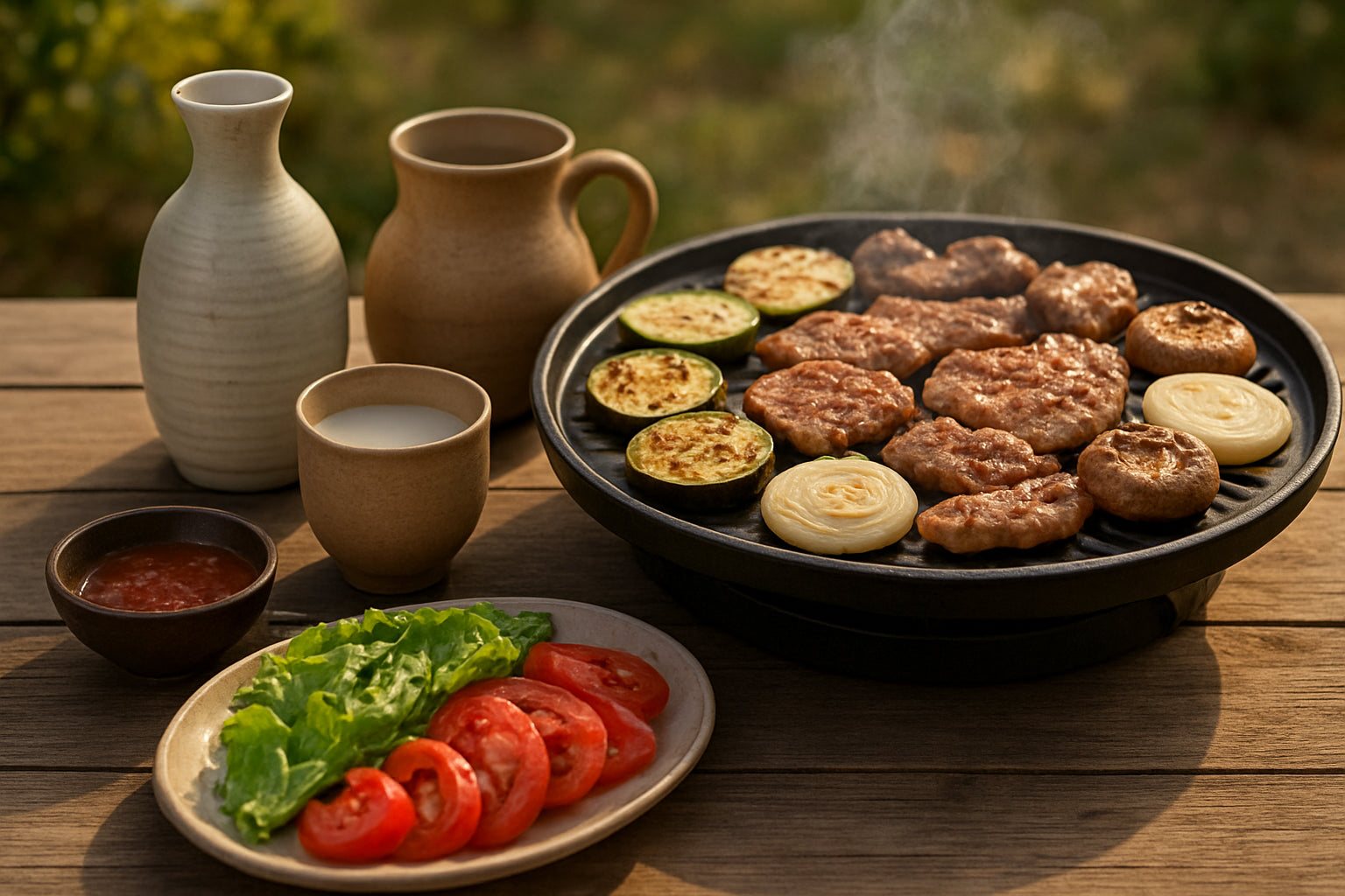 Koreanischer Grillabend mit traditionellen alkoholfreien Getränken und gegrilltem Essen auf einem Holztisch