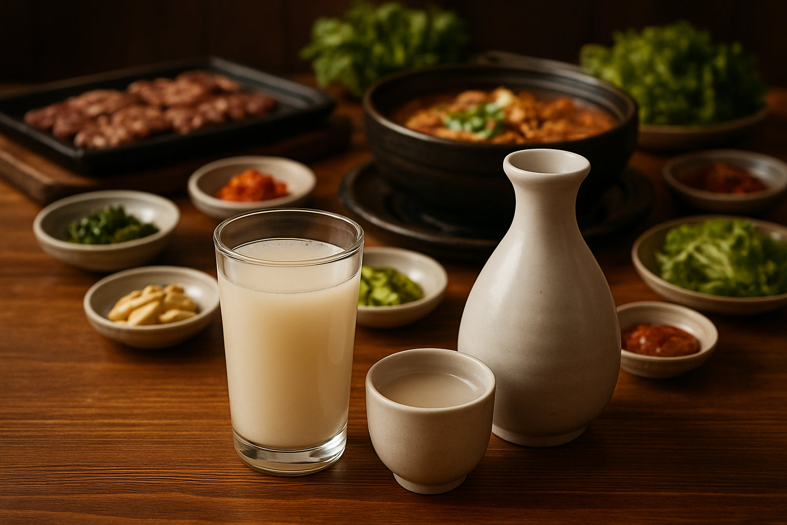 Koreanischer Grillabend mit traditionellen alkoholfreien Getränken und koreanischen Grillgerichten auf einem Holztisch in gemütlicher Atm...