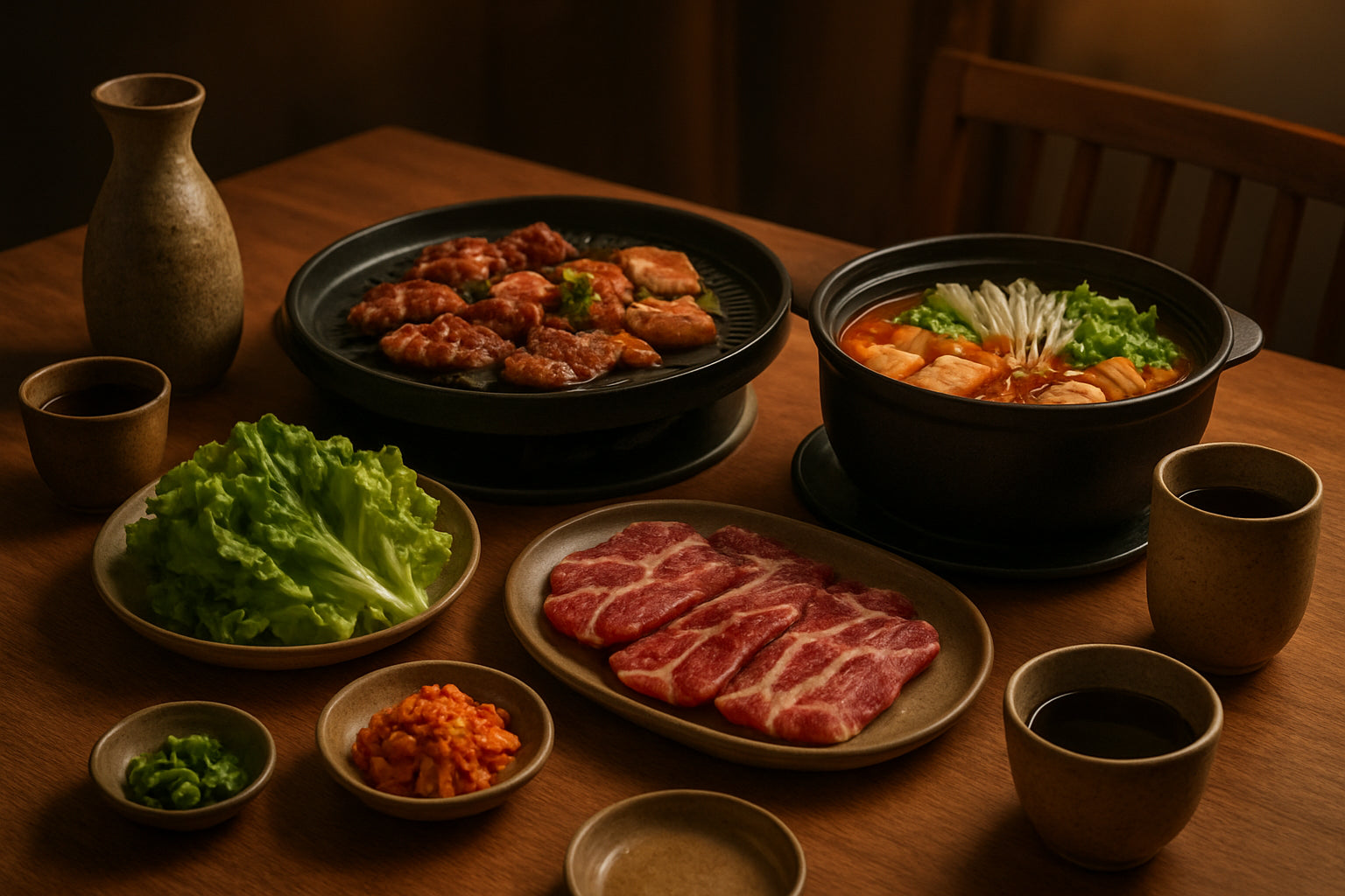Koreanische Getränke in traditionellen Gefäßen und frische Zutaten auf einem Holztisch bei einem Grill- und Hot Pot-Abend