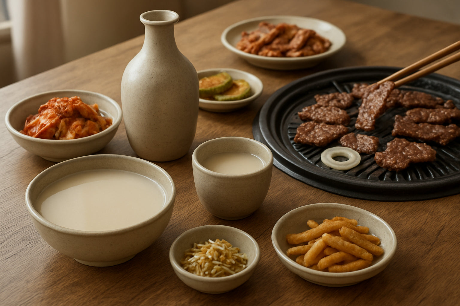 Koreanische Getränke und Grillgerichte auf einem Holztisch bei einem Grillabend