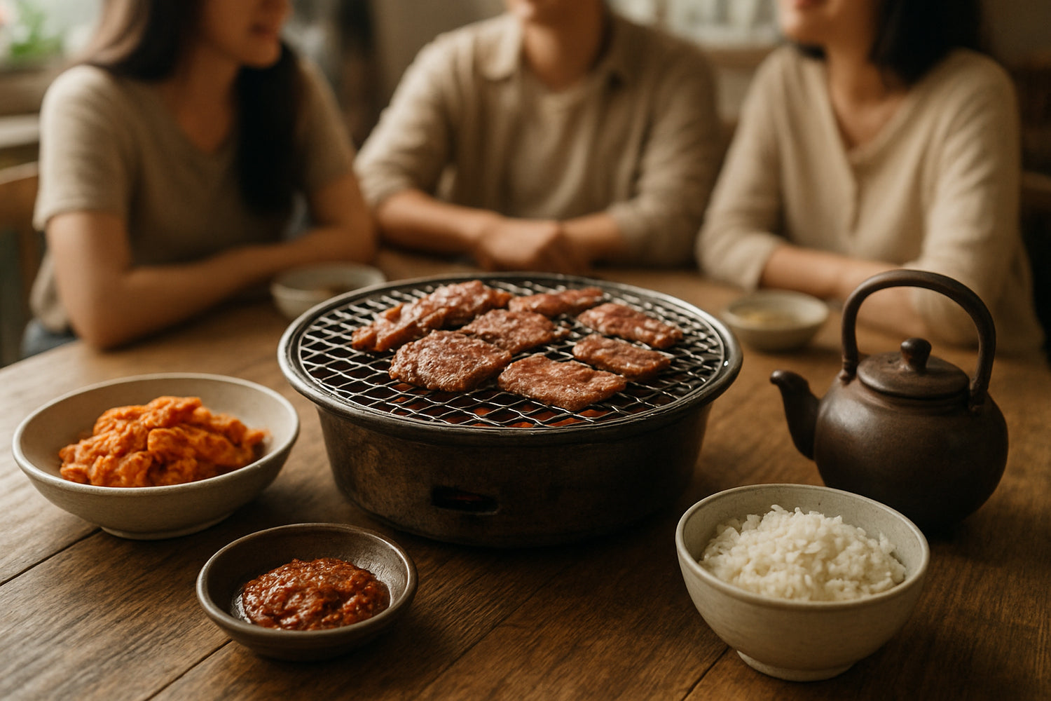 Koreanischer Grillabend mit fermentierten Beilagen auf einem Holztisch, inklusive Kimchi, Sojapaste, Reis und Tee, in einer natürlichen K...