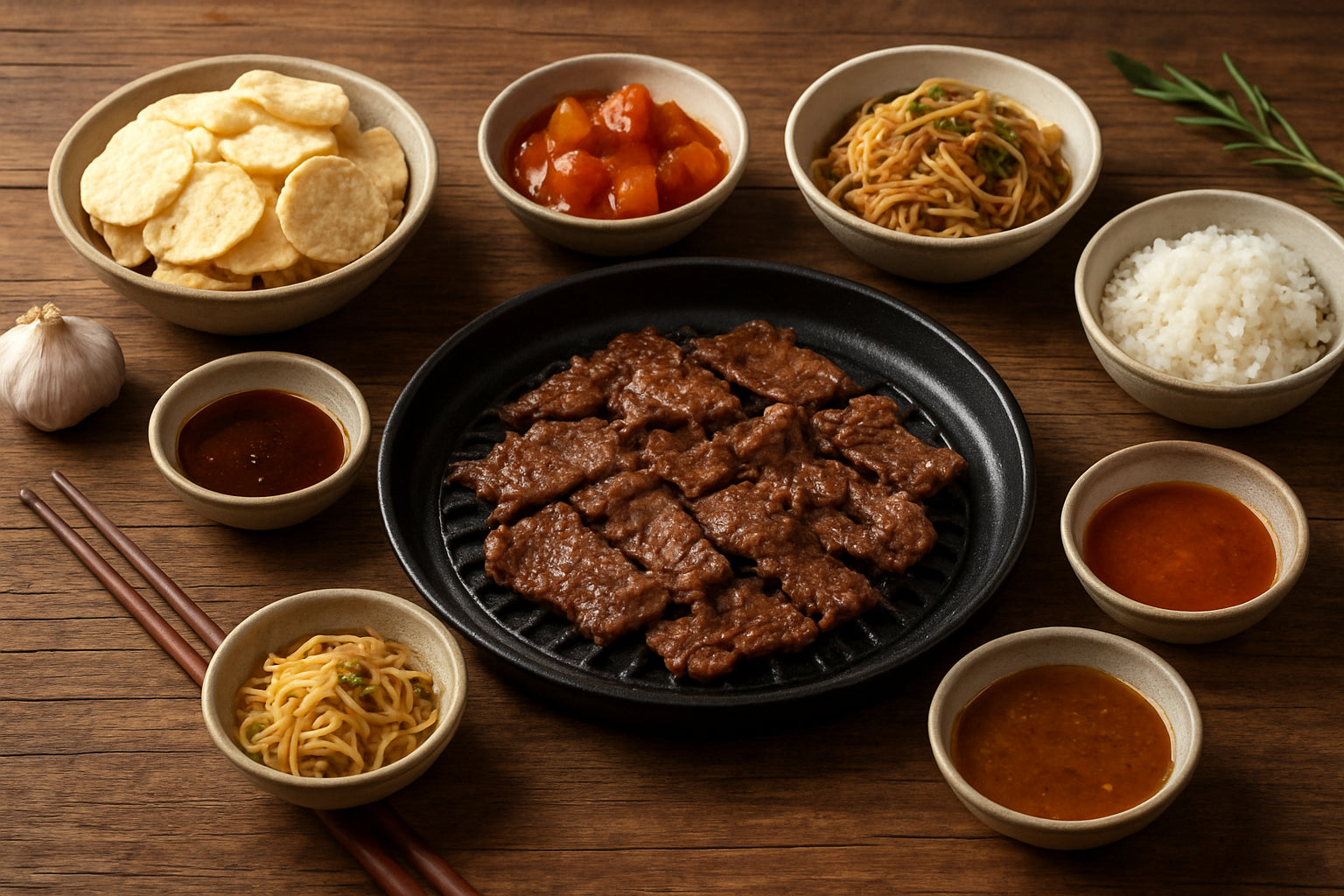 Koreanischer Grillabend mit innovativen Beilagen und Snacks auf rustikalem Holztisch, natürliche Zutaten und Essstäbchen