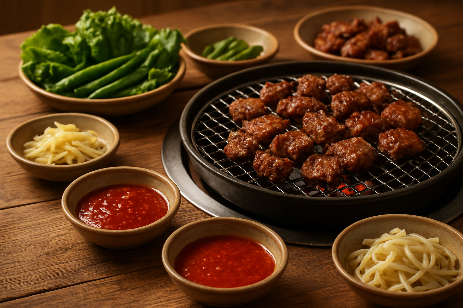 Koreanischer Grillabend mit verschiedenen Soßen und frischen Zutaten auf einem traditionellen Grill
