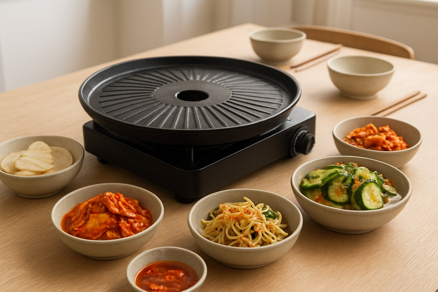 Koreanischer Grill mit vielfältigen Beilagen und Hot Pot in einer einladenden Küchenszene