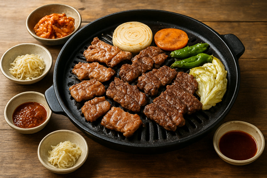 Koreanische Grillplatte mit gegrilltem Fleisch, Gemüse und Dips auf rustikalem Holztisch in natürlicher Küche