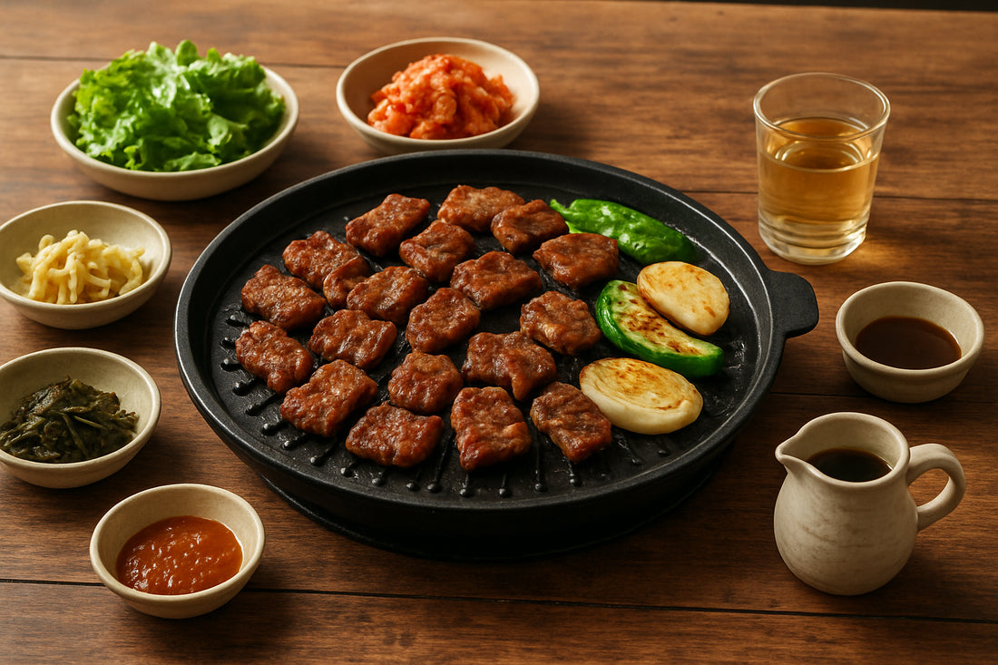 Koreanischer Grillabend mit Grillpfanne, Beilagen und Getränken auf Holztisch in gemütlicher Atmosphäre