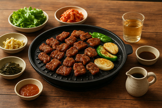 Koreanischer Grillabend mit Grillpfanne, Beilagen und Getränken auf Holztisch in gemütlicher Atmosphäre