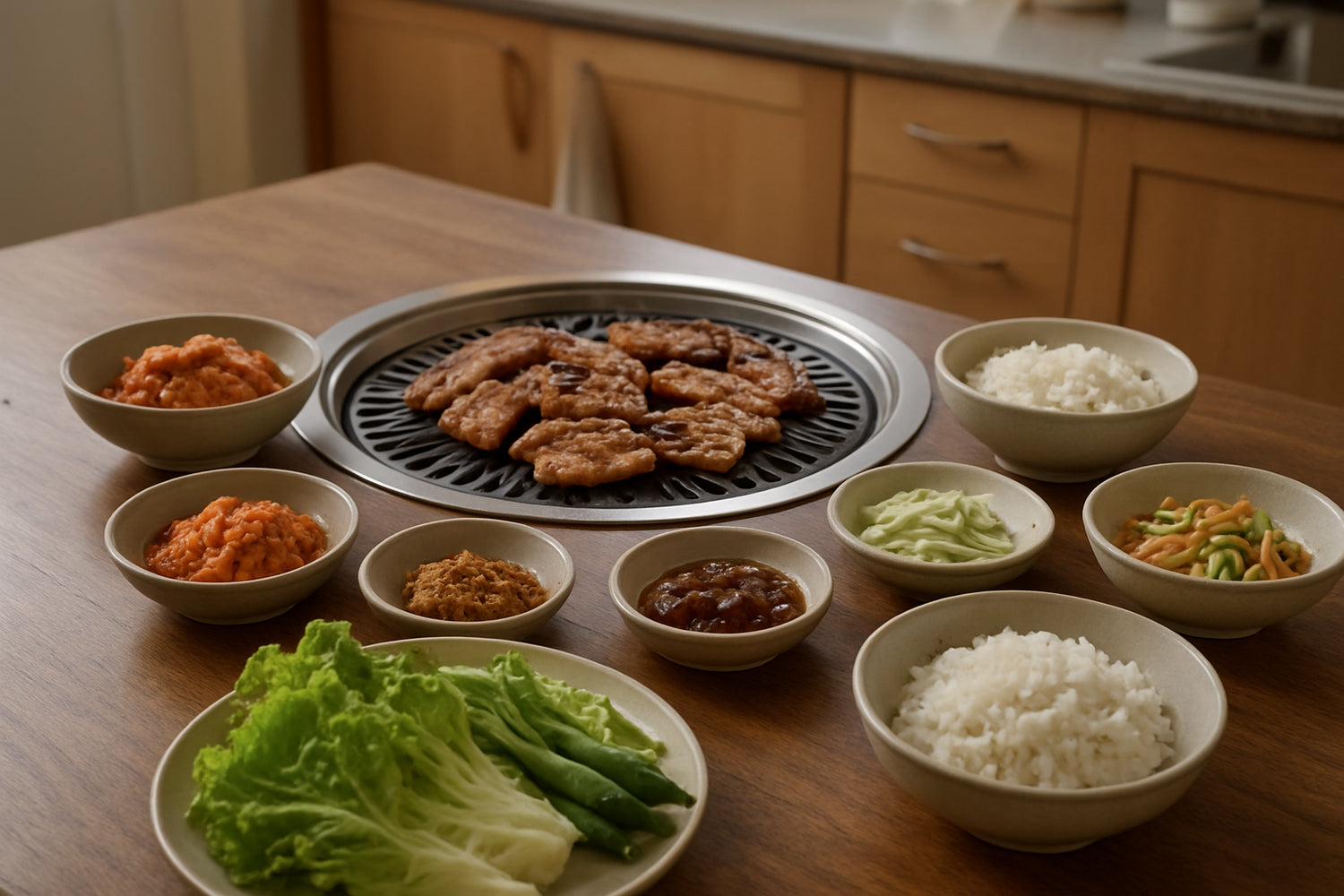 Koreanischer Grilltisch mit fermentierten Zutaten und gegrilltem Fleisch in moderner Küche