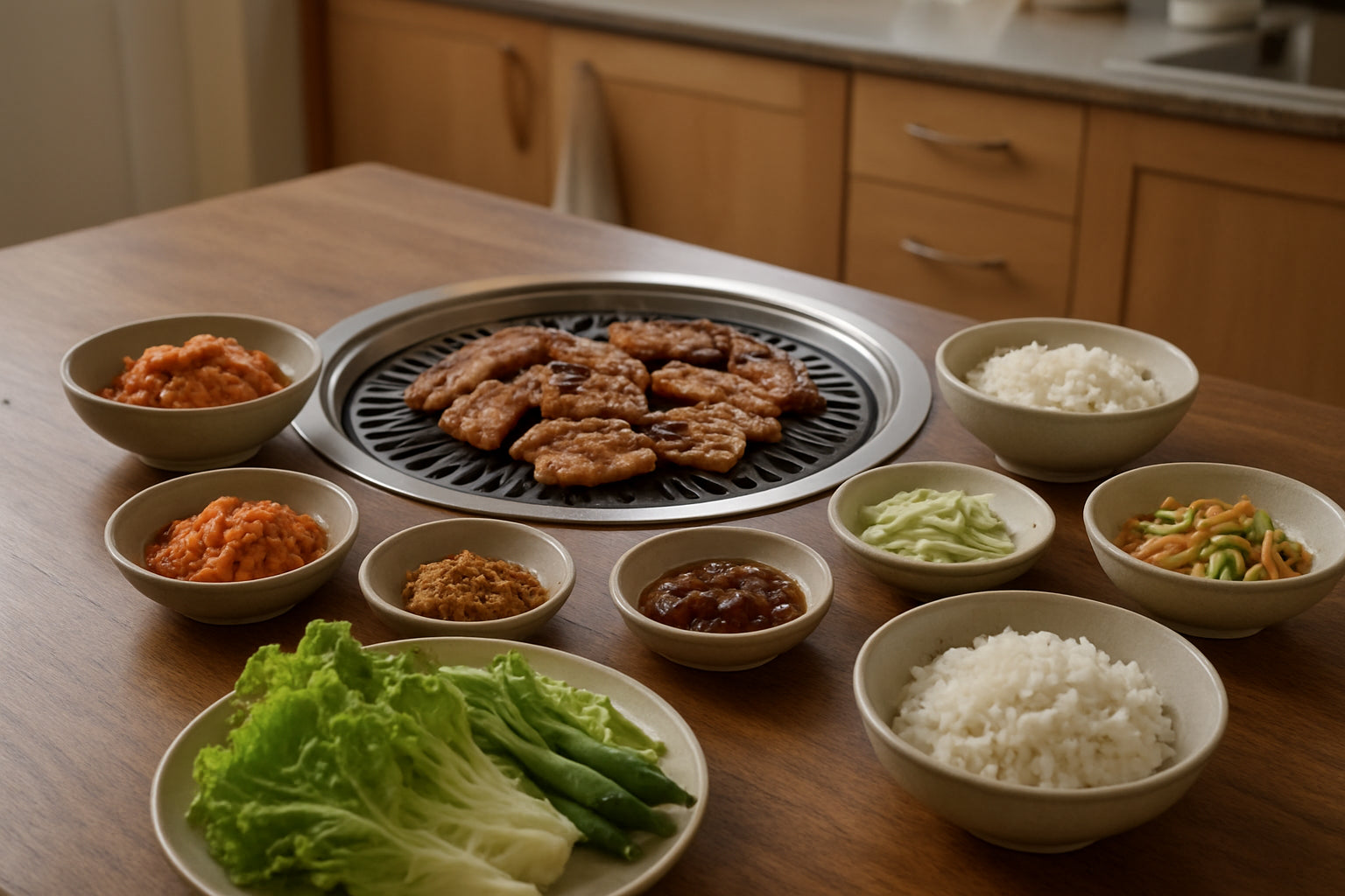 Koreanischer Grilltisch mit fermentierten Zutaten und gegrilltem Fleisch in moderner Küche