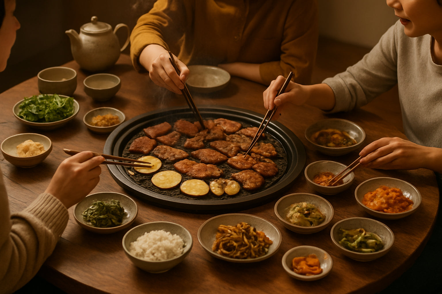 Gemeinsamer koreanischer Grillabend mit Grill, Beilagen und Freunden an einem Tisch