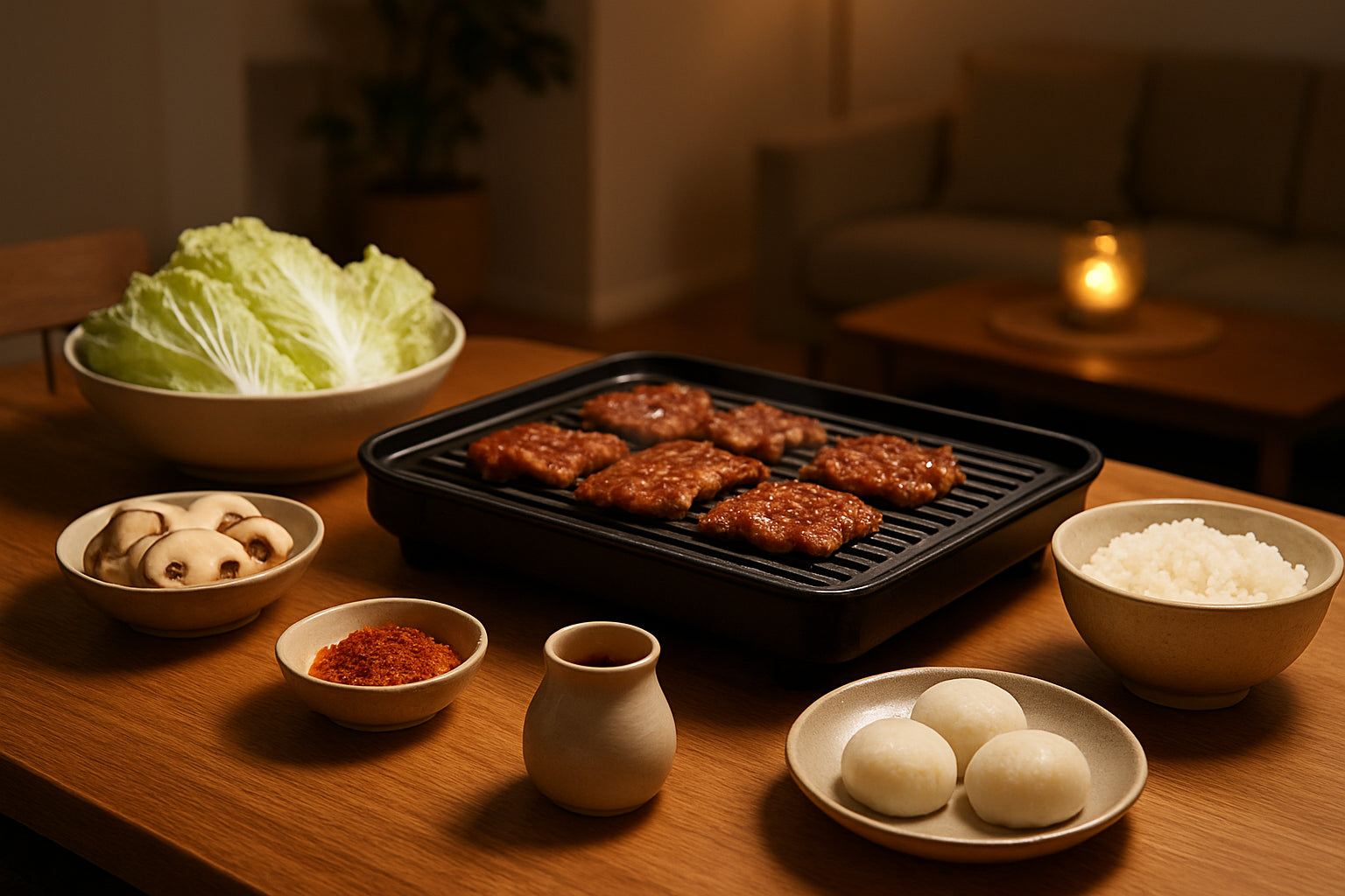 Koreanischer Grillabend mit authentischen Zutaten und Beilagen in natürlicher Küchenszene