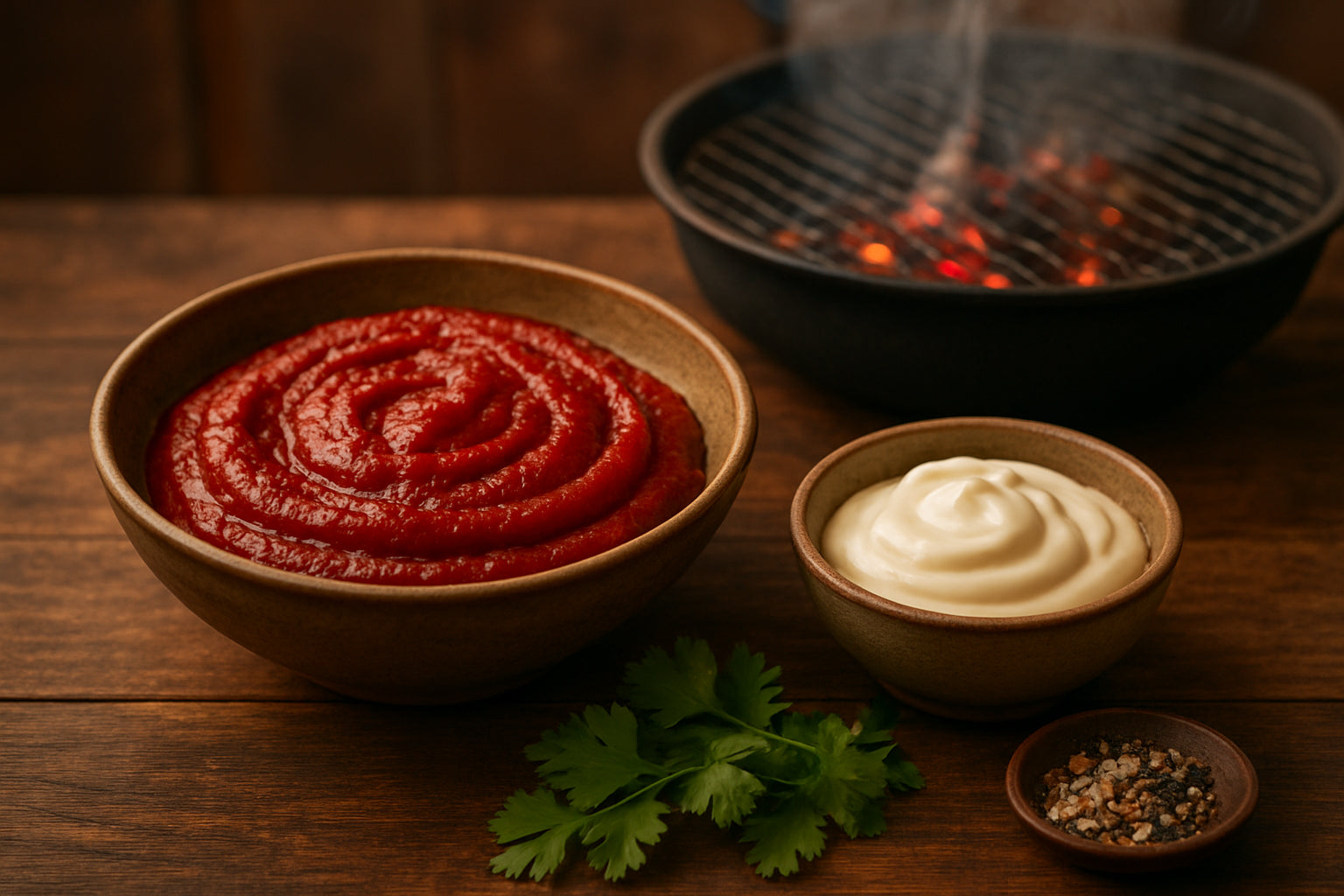 Koreanische Grillmarinaden mit Gochujang und Mayonnaise in einer natürlichen Küchenszene neben einem Grill