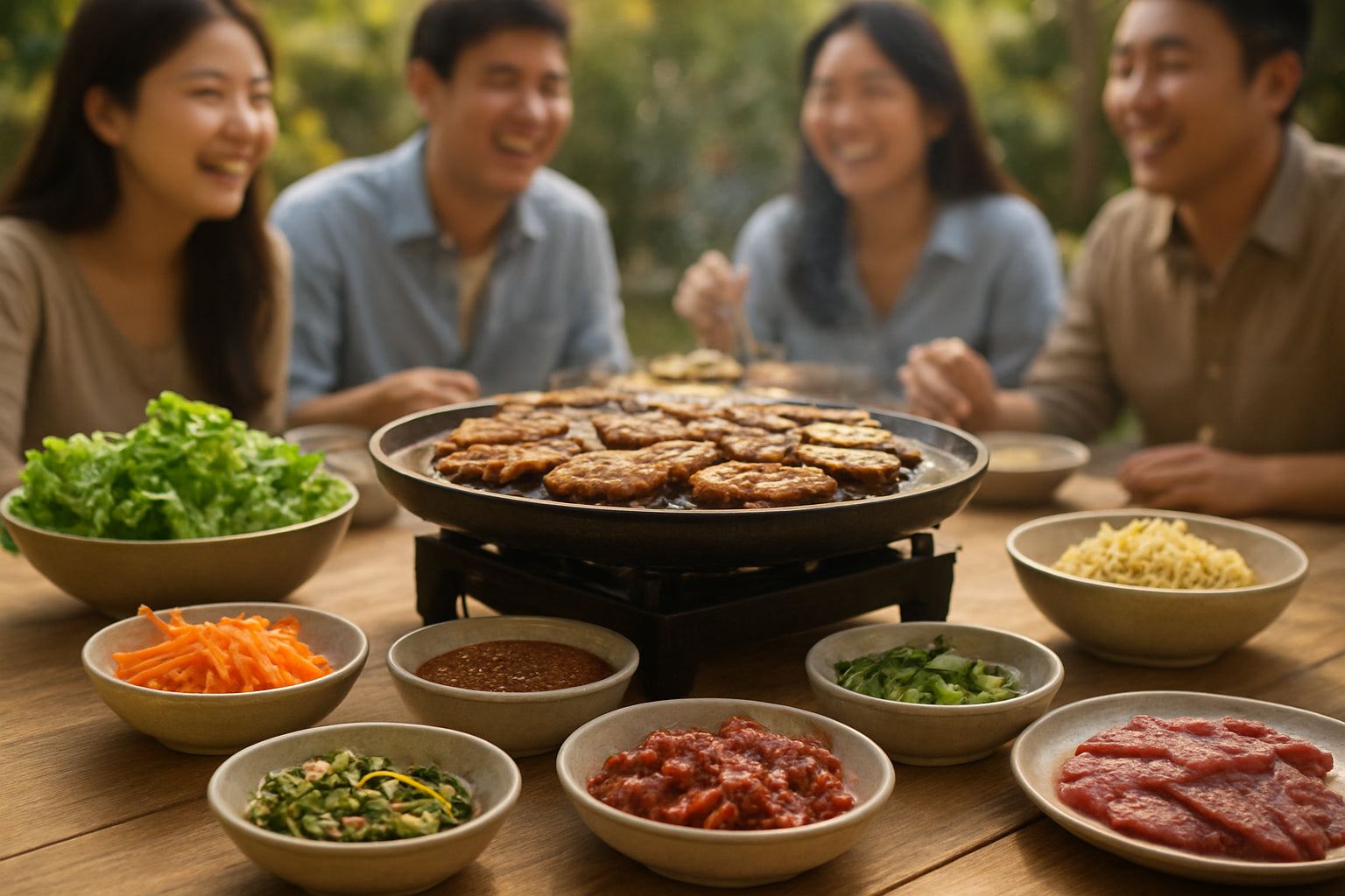 Koreanischer Grillabend mit verschiedenen Grillmarinaden und Beilagen auf einem Holztisch im Freien