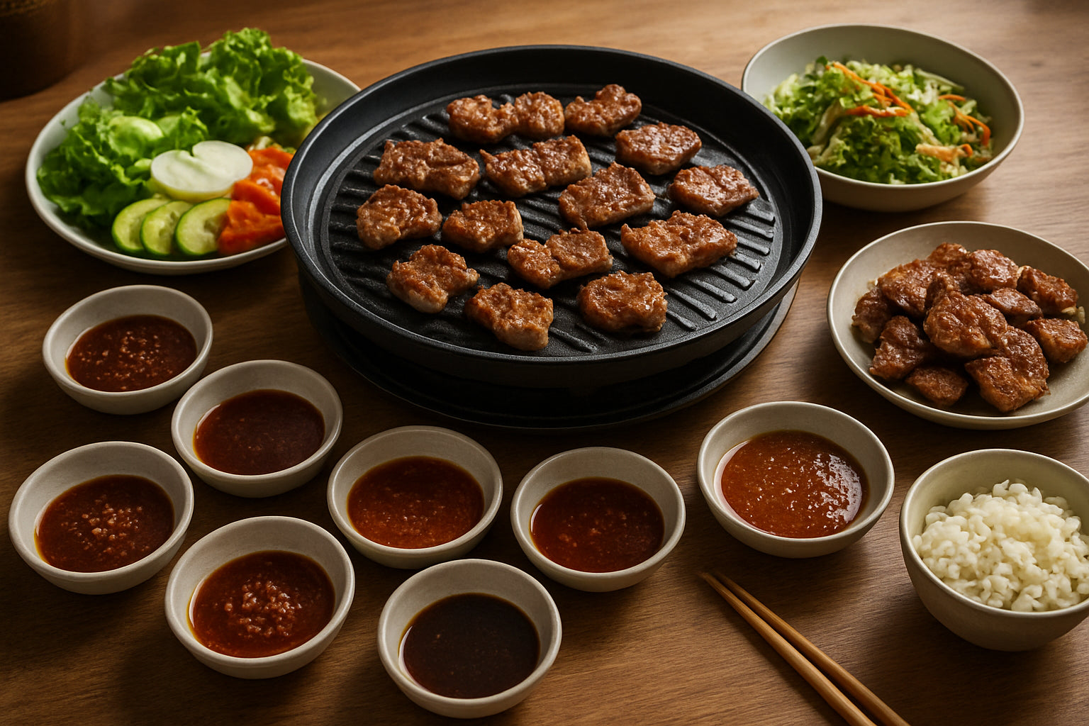 Koreanischer Grillabend mit verschiedenen Grillsoßen, gegrilltem Fleisch und Gemüse auf einem Holztisch