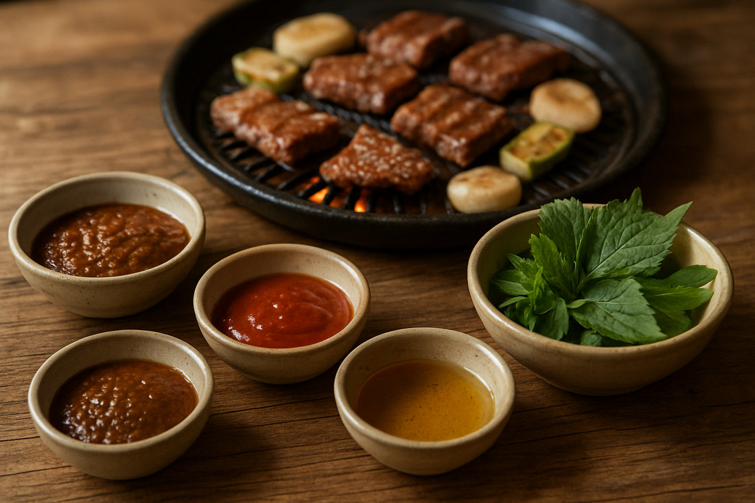 Koreanische Grillsoßen in kleinen Schalen neben gegrilltem Fleisch und Gemüse auf einem Holztisch