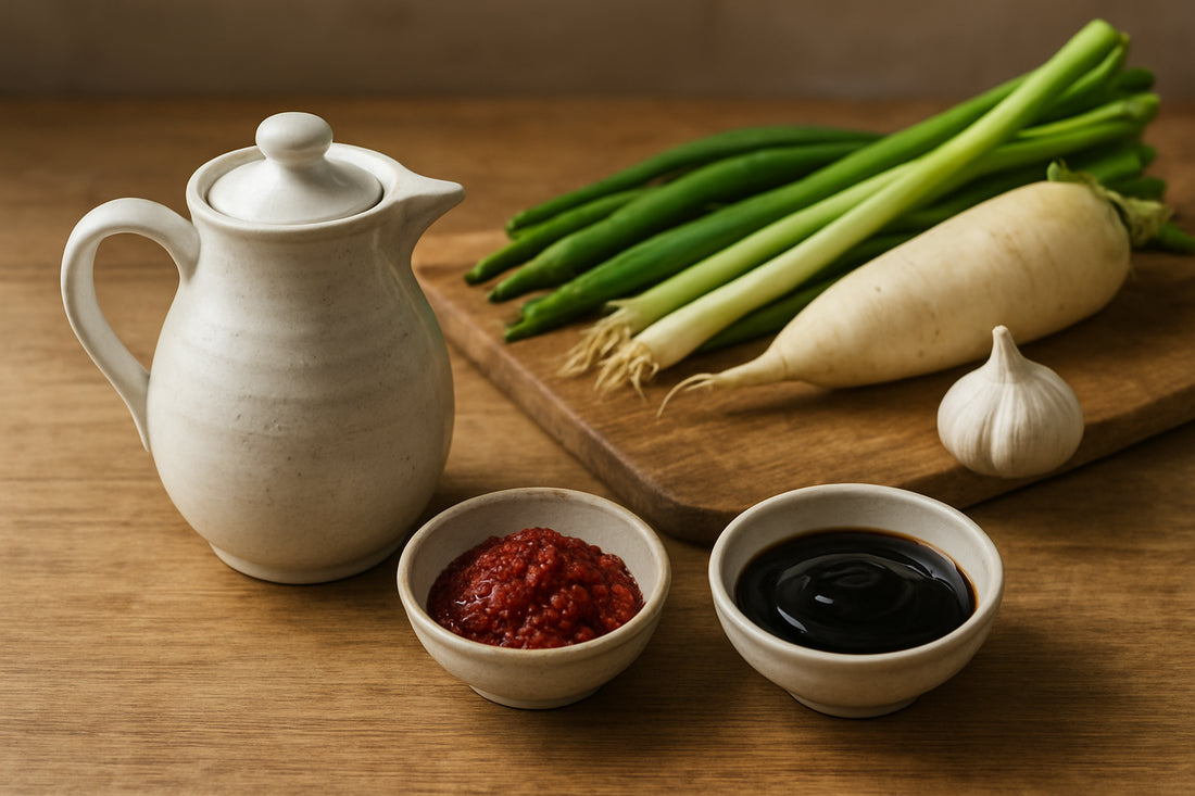 Koreanische Grillzutaten in einer natürlichen Küchenszene mit Kanne Sojasoße, Schälchen mit Chilipaste und Austernsauce