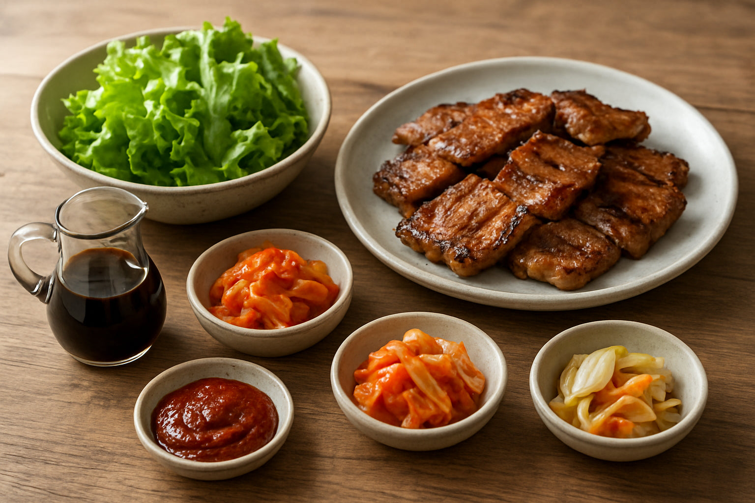 Koreanische Grillzutaten und Beilagen auf einem Holztisch in einer natürlichen Küchenszene