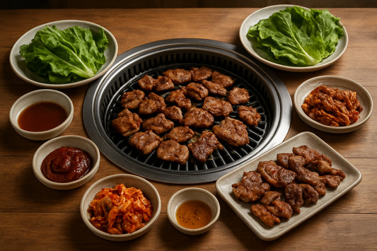 Authentischer koreanischer Grilltisch mit Fleisch, Saucen und Beilagen in einer heimischen Küche