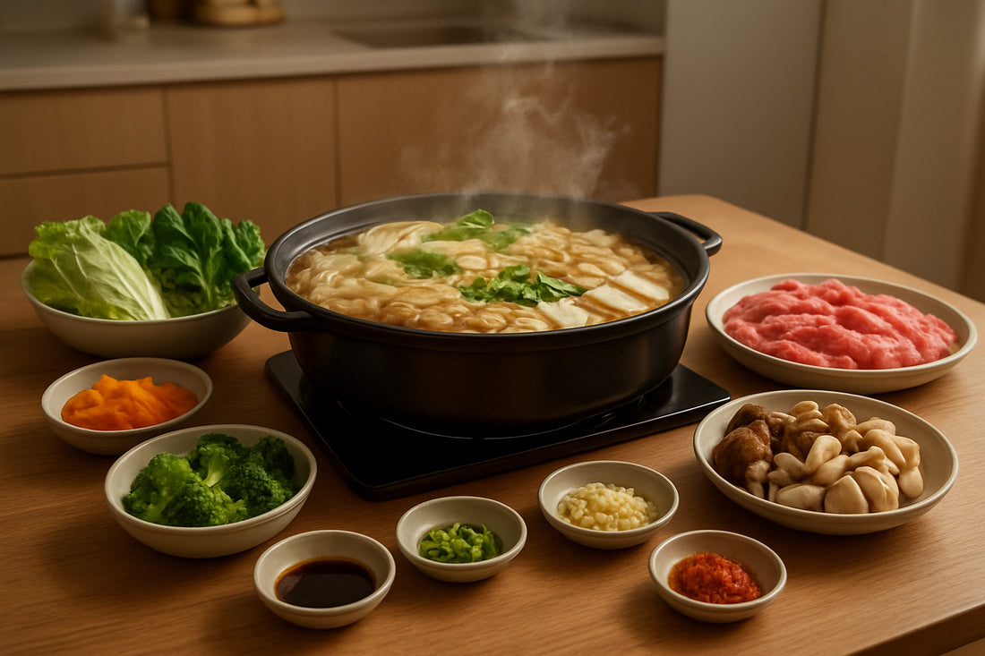 Koreanischer Hot Pot Tisch mit frischen Zutaten und Gewürzschälchen in einer modernen Küche