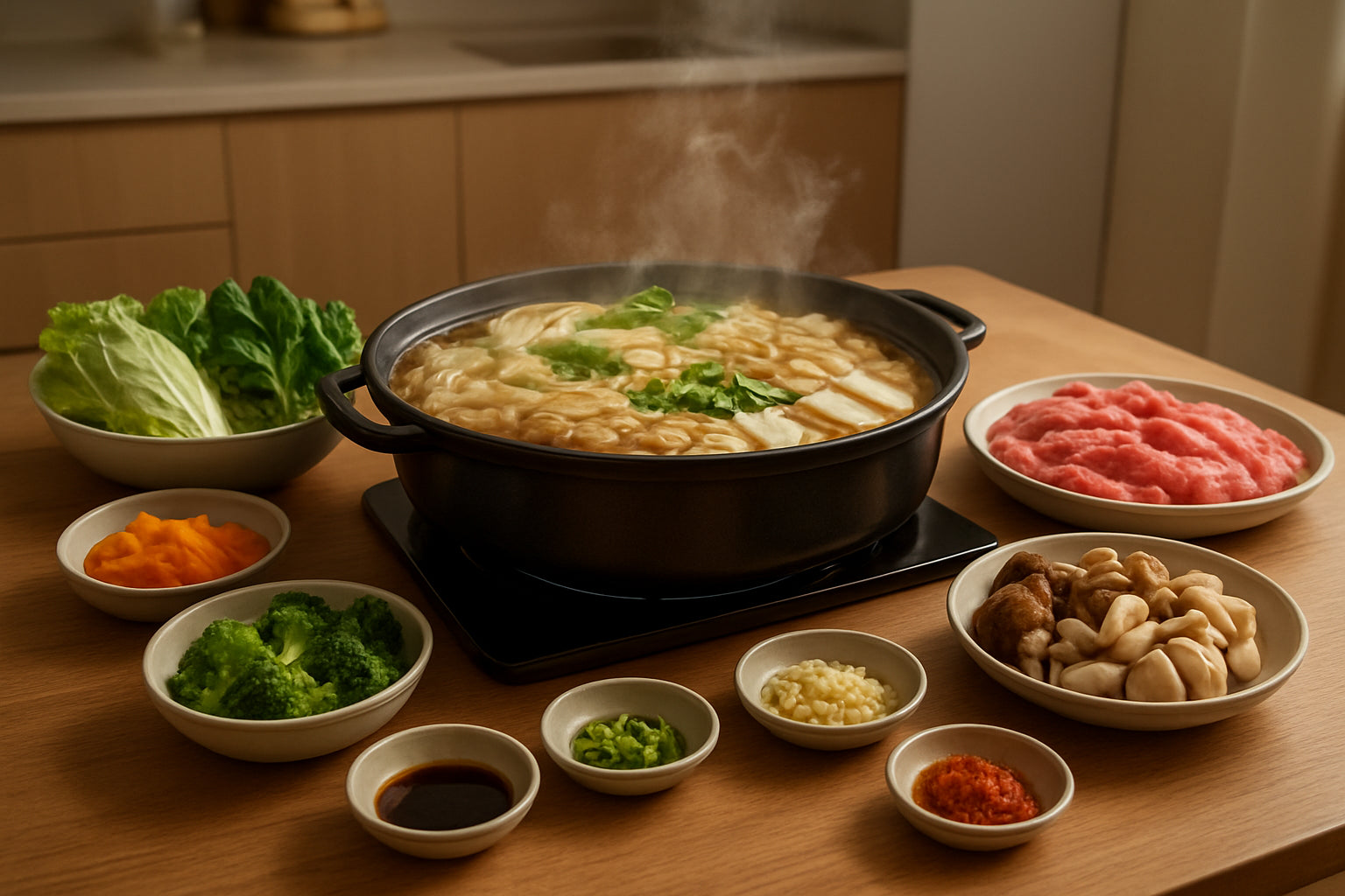 Koreanischer Hot Pot Tisch mit frischen Zutaten und Gewürzschälchen in einer modernen Küche