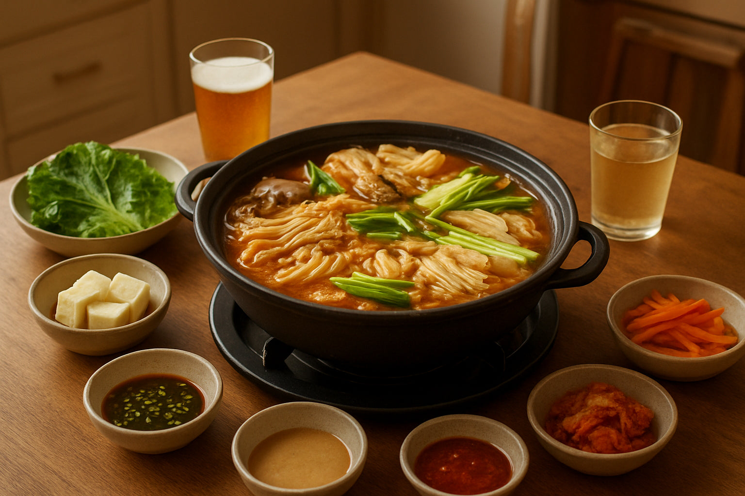 Koreanischer Hot Pot mit frischen Zutaten und Soßen auf einem gedeckten Tisch in einer heimischen Küche