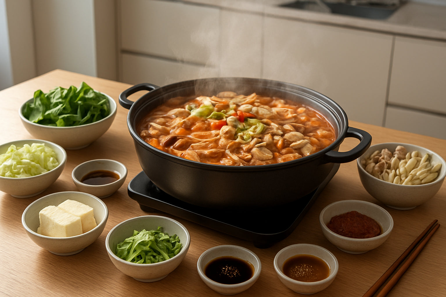 Koreanischer Hot Pot mit frischen Zutaten und Würzmitteln in einer modernen Küchenszene