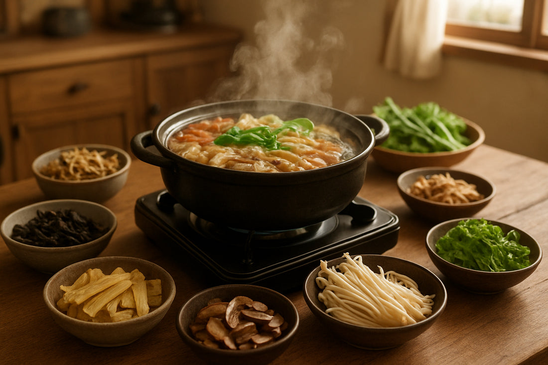 Koreanischer Hot Pot auf einem gedeckten Tisch mit verschiedenen Zutaten in einer gemütlichen Küchenszene